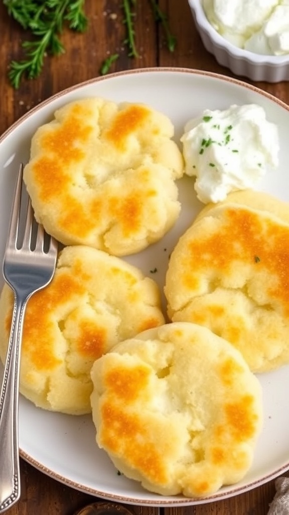 Fluffy cloud bread rounds with cottage cheese on a rustic plate, garnished with herbs.